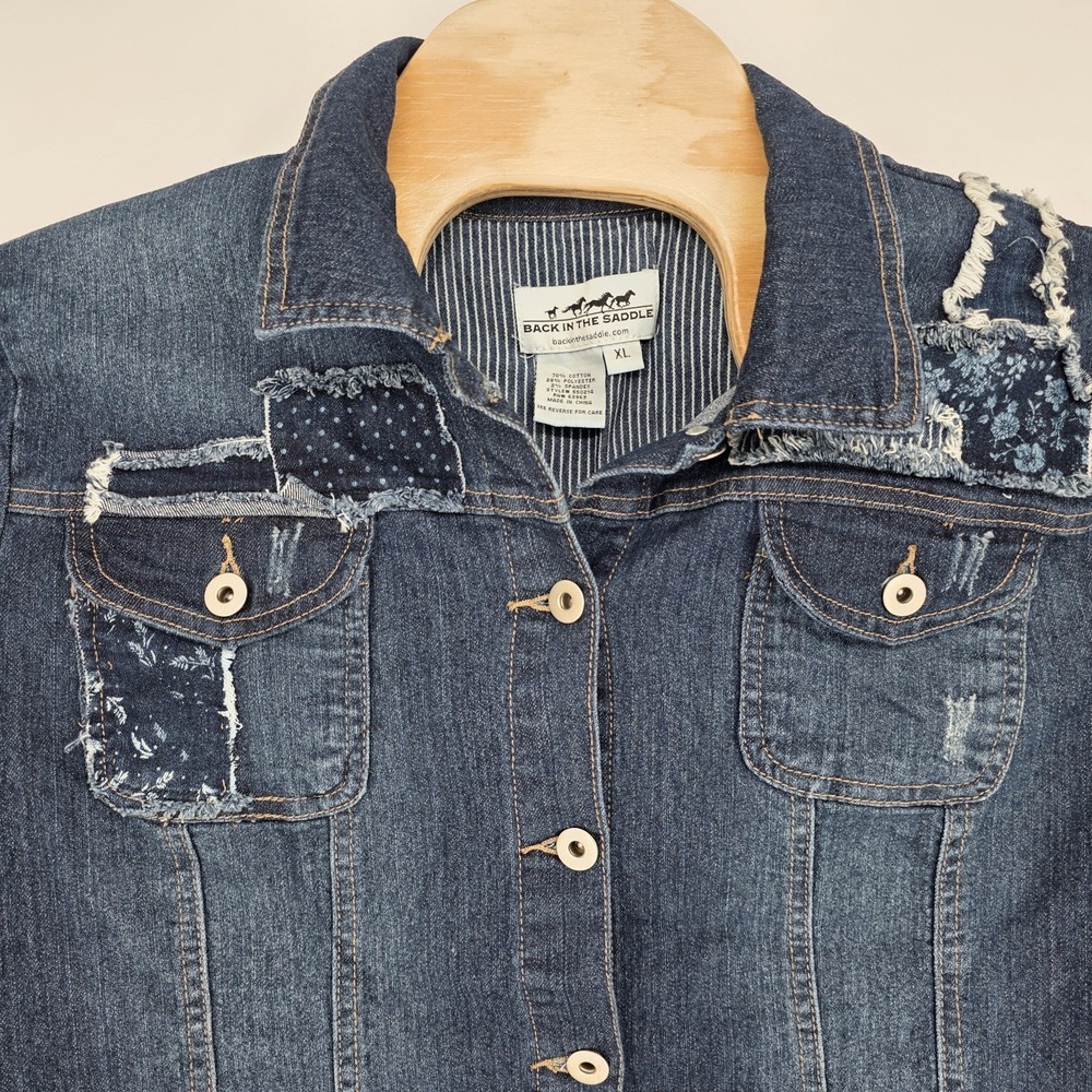 Back In The Saddle Fringe Denim Patchwork Jacket Womens XL Distressed Blue‎ Jean